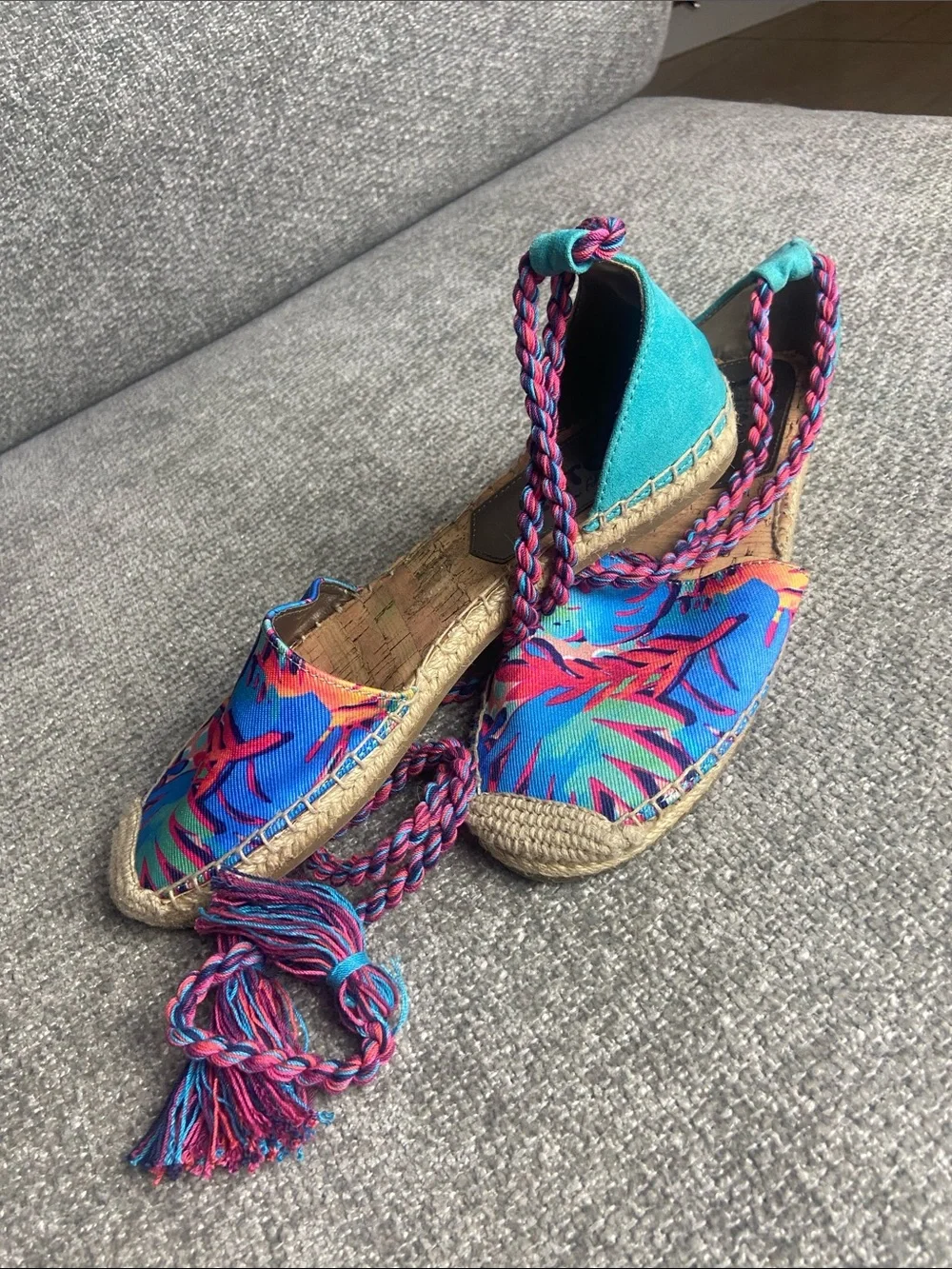 Sam Edelman Circus Bright Teal & Pink Braided Espadrille Wedges 8